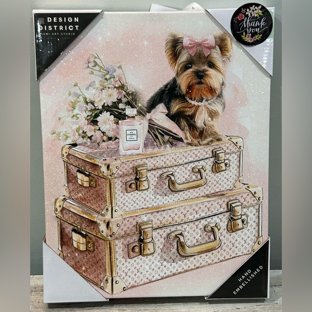 Louis Vuitton Pink and Gold Monogram Luggage Art with Yorkie